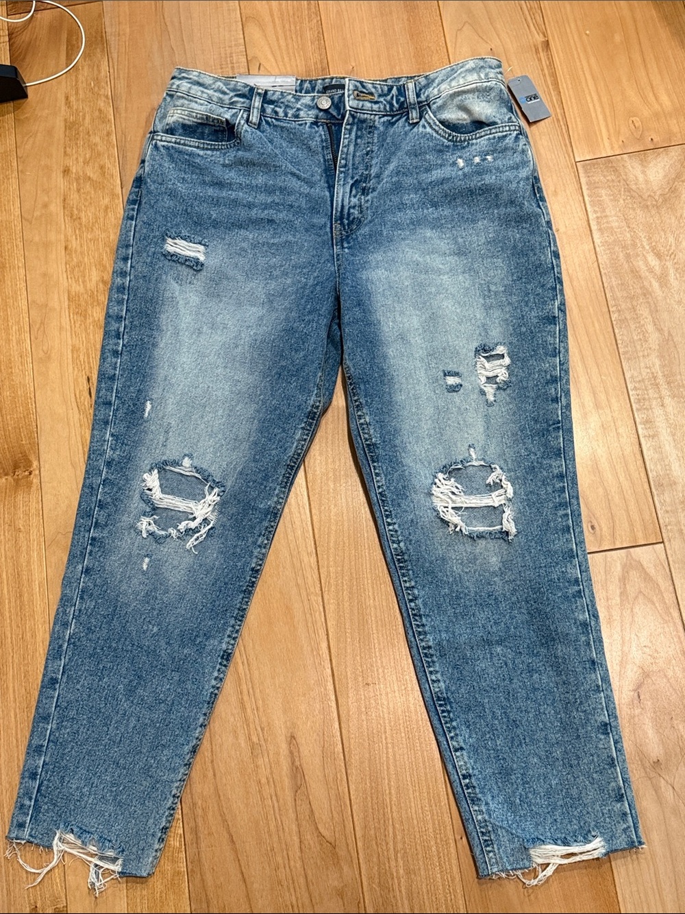 Distressed High Rise Mom Jeans in Light Blue
